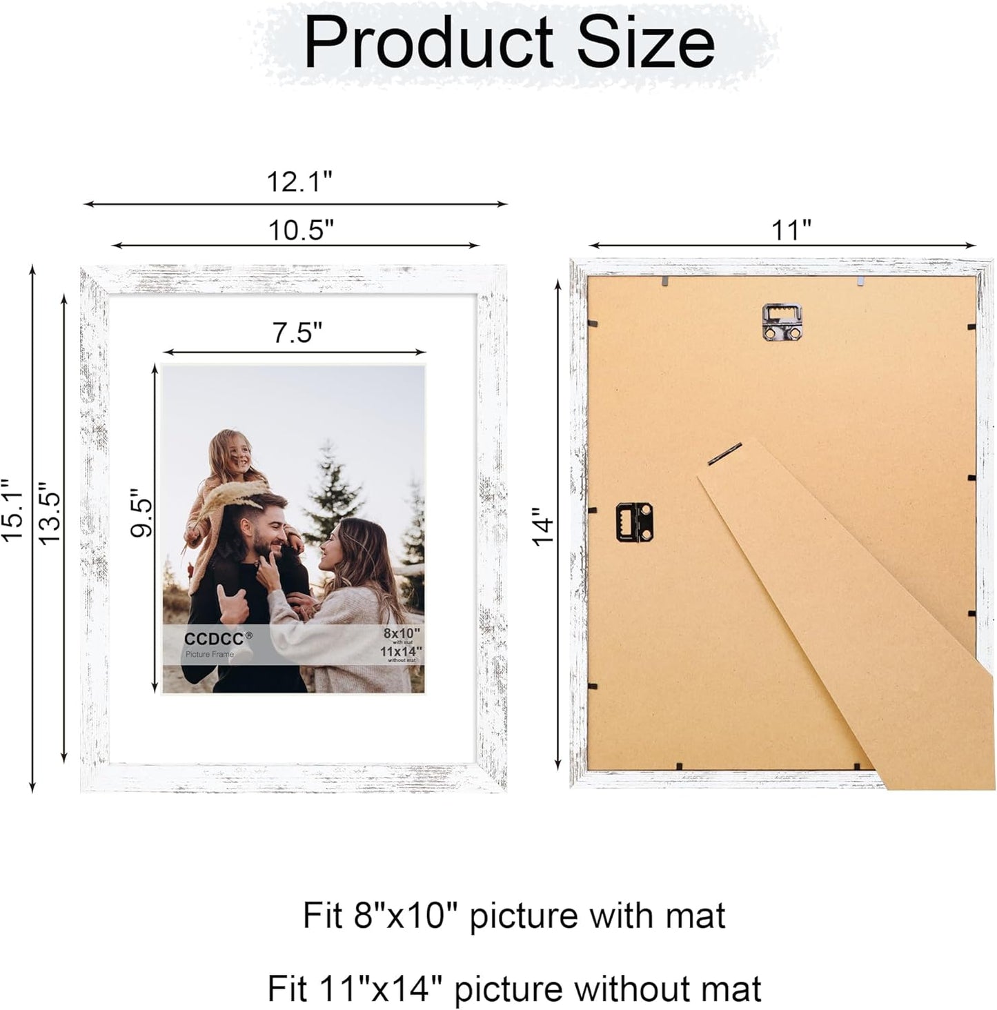 11x14 Picture Frame Set of 4, 11 x 14 Wood Photo Frames with Mat for 8x10, Rustic Natural Wooden Frame with Real Glass Cover for Wall and Tabletop Display,Distressed White