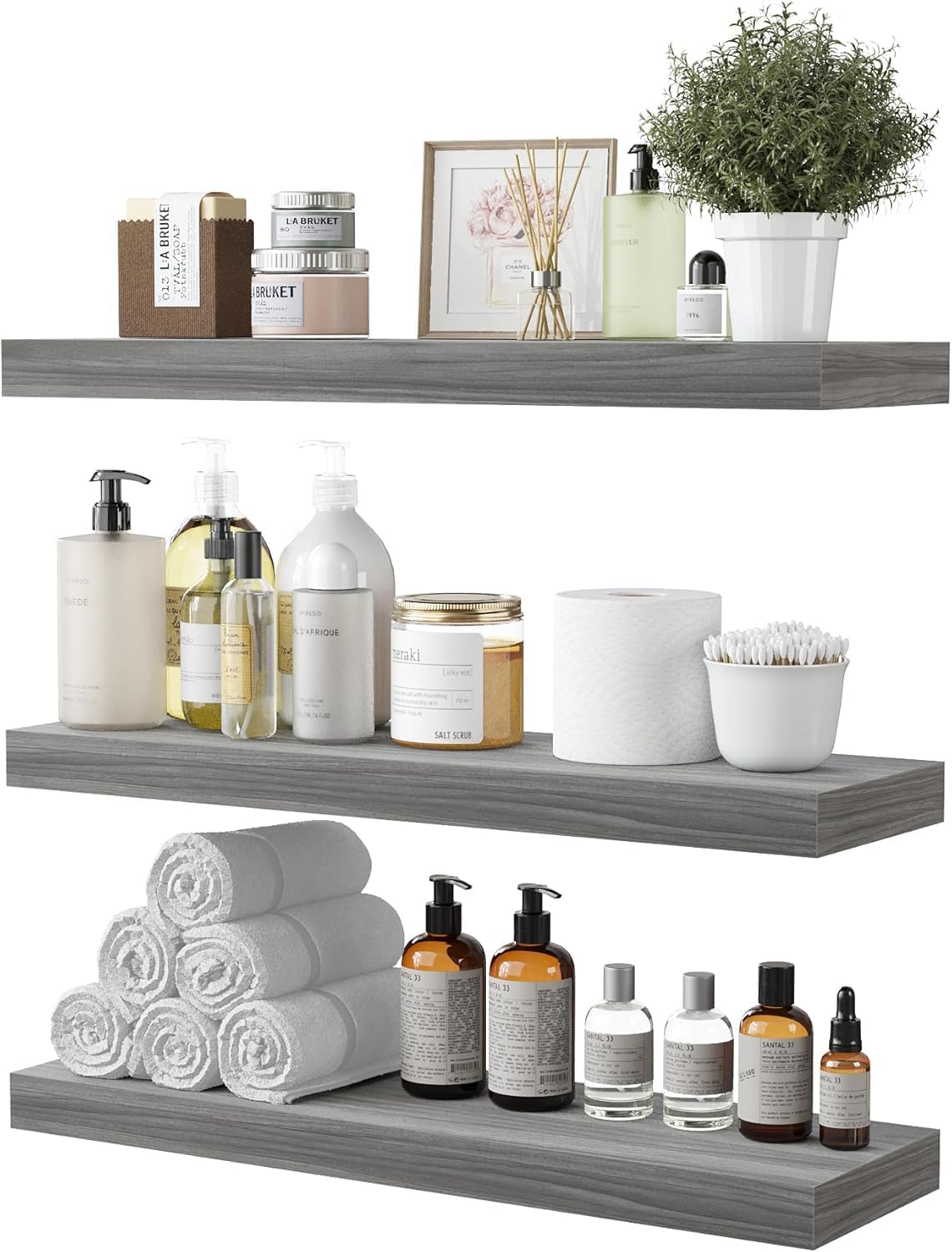 BAMEOS Floating Shelf,Wall Shelf,Decor Wall Mounted Shelves,Hanging Shelf Set of 3,L24xW6 for Bathroom Kitchen Living,Kitchen,Room Bedroom Storage,Walnut