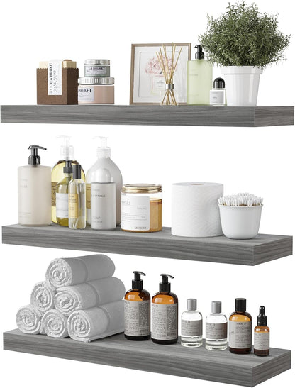 BAMEOS Floating Shelf,Wall Shelf,Decor Wall Mounted Shelves,Hanging Shelf Set of 3,L24xW6 for Bathroom Kitchen Living,Kitchen,Room Bedroom Storage,Walnut