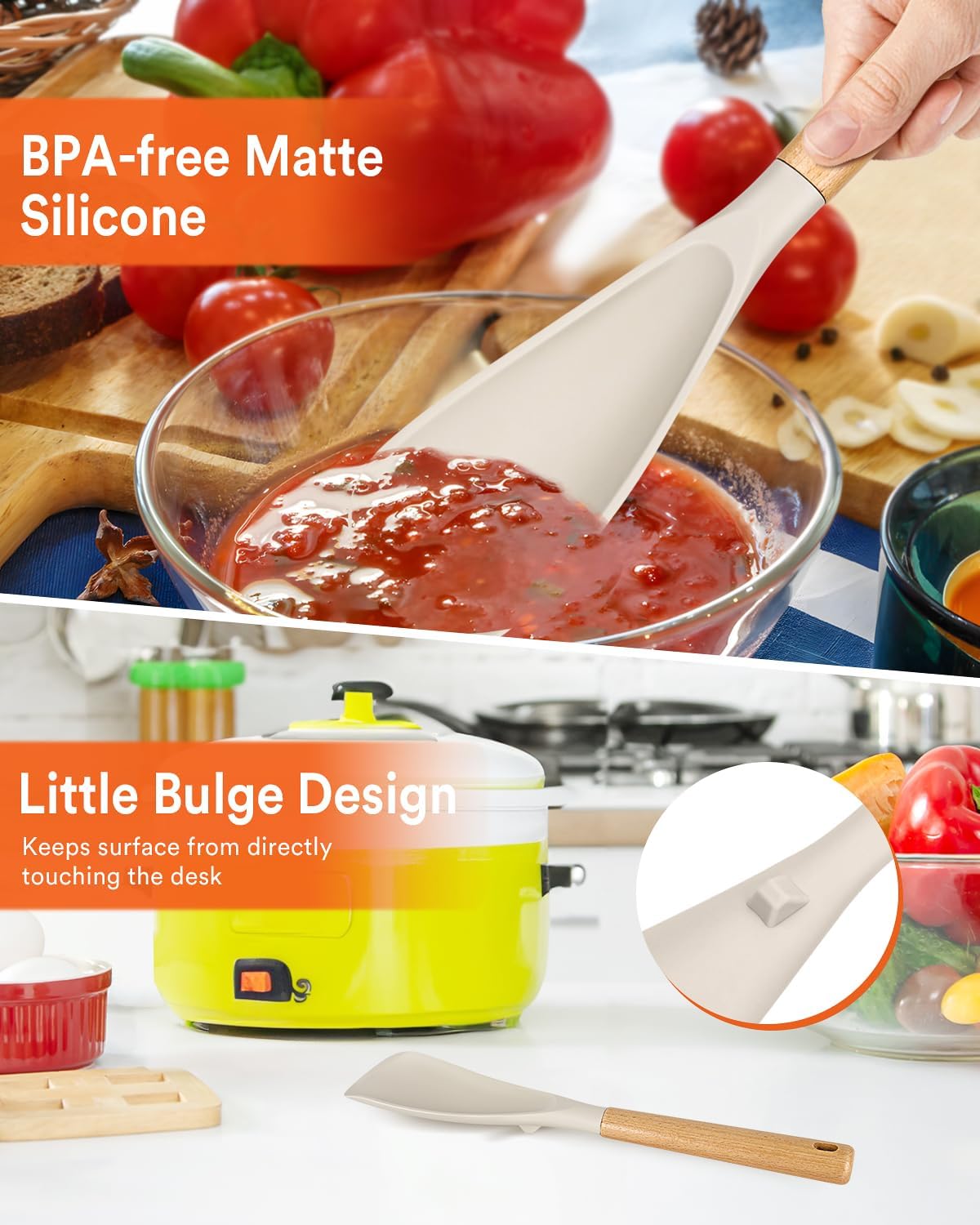 Multifunction Spatula Spoon for Nonstick Cookwares, Great for Cooking and Serving, Sturdy BPA-Free Matte Silicone, Wood Handle Spatula for Mixing, Scoop, and Scrape, Khaki(2 pack,11.4" & 13.4")