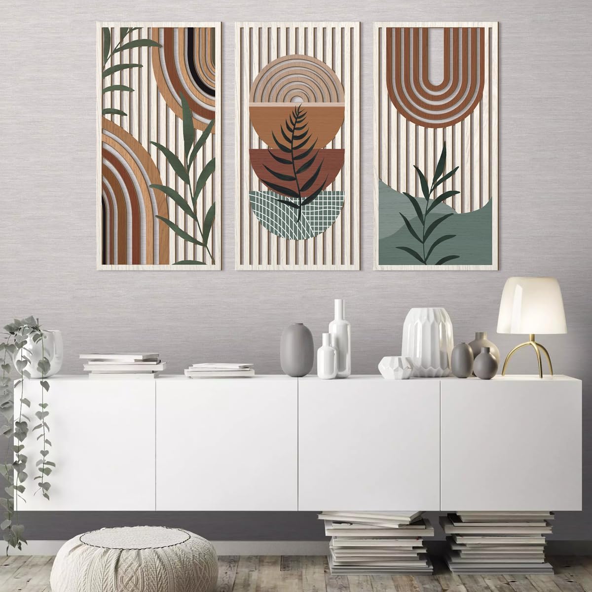 IARTTOP Large Abstract Geometric Wood Boho Wall Art Boho Wall Decor Set Mid Century Modern Wooden Wall Decor Bohemian Wall Art For Bedroom Living Room Office 16"x32"