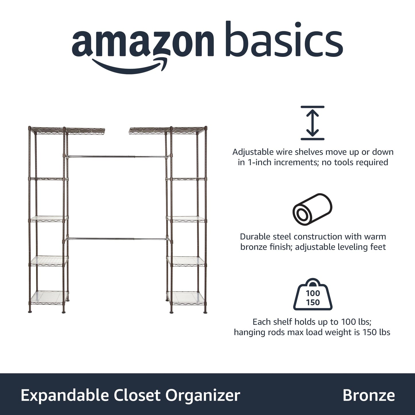 Amazon Basics Expandable Metal Hanging Closet Organizer and Storage Rack Wardrobe with Shelves