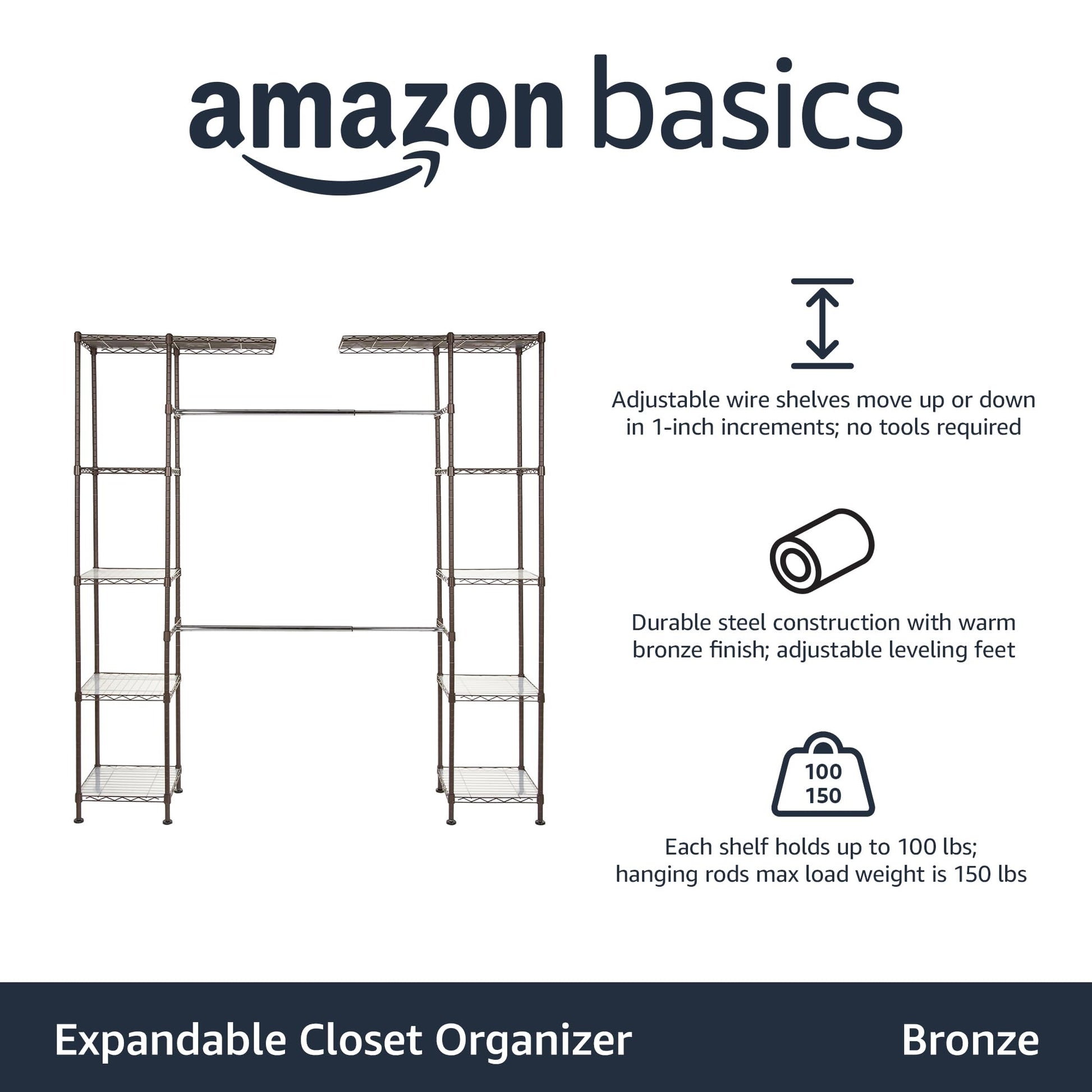 Amazon Basics Expandable Metal Hanging Closet Organizer and Storage Rack Wardrobe with Shelves