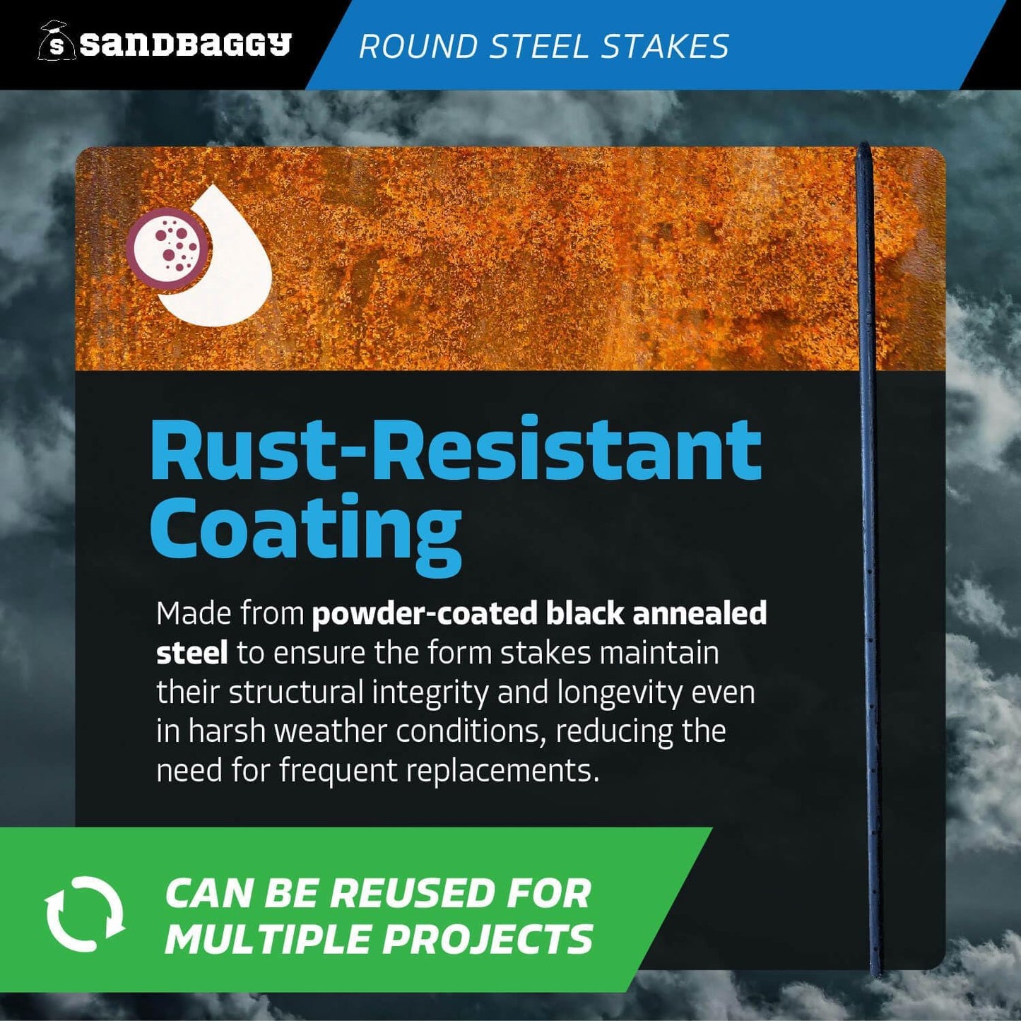 Sandbaggy Round Steel Concrete Form Stakes with Nail Holes - Rust Resistant Coating - Removable, Reusable (200, 3/4 in X 36 in)