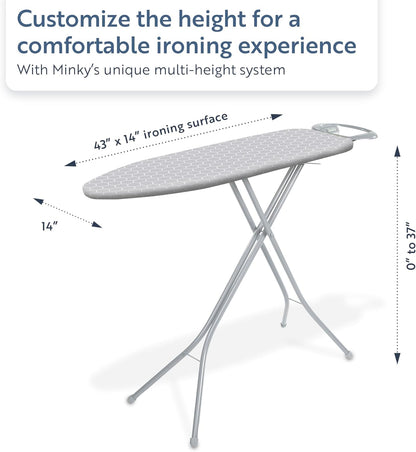Minky Homecare Classic 4-Leg Ironing Board with Iron Rest - Freestanding Full Size Iron Board for Clothes Pressing with 43" x 14" Surface - Grey Honeycomb