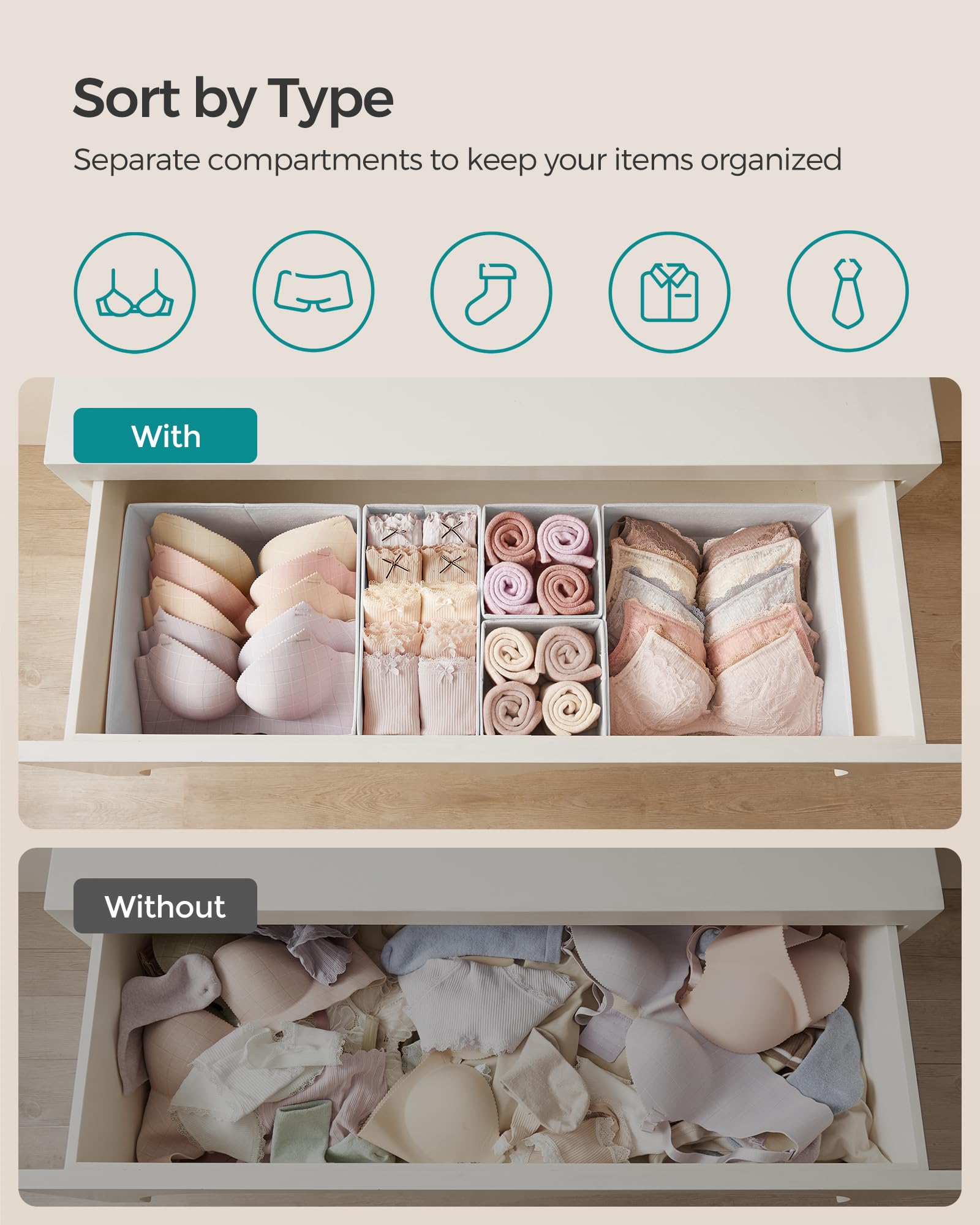 SONGMICS Drawer Organizer,Dresser Drawer Organizers, Set of 12, Foldable Fabric Storage Bins for