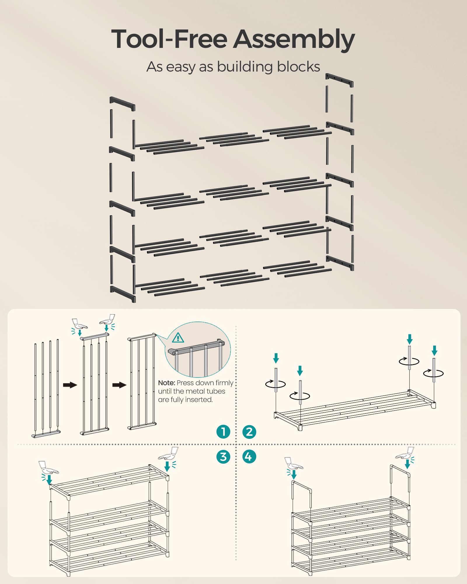 SONGMICS Shoe Rack, 4-Tier Shoe Organizer, Metal Storage Shelf, Upright or Upside Down, for 25-30