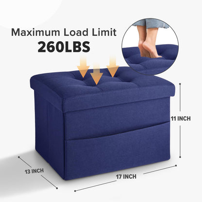 LINMAGCO Storage Ottoman Folding Foot Stool Foot Rest with Side Pocket Modern Ottoman with Storage Short Sofa Stool Linen Cloth 17x13x13(Navy)
