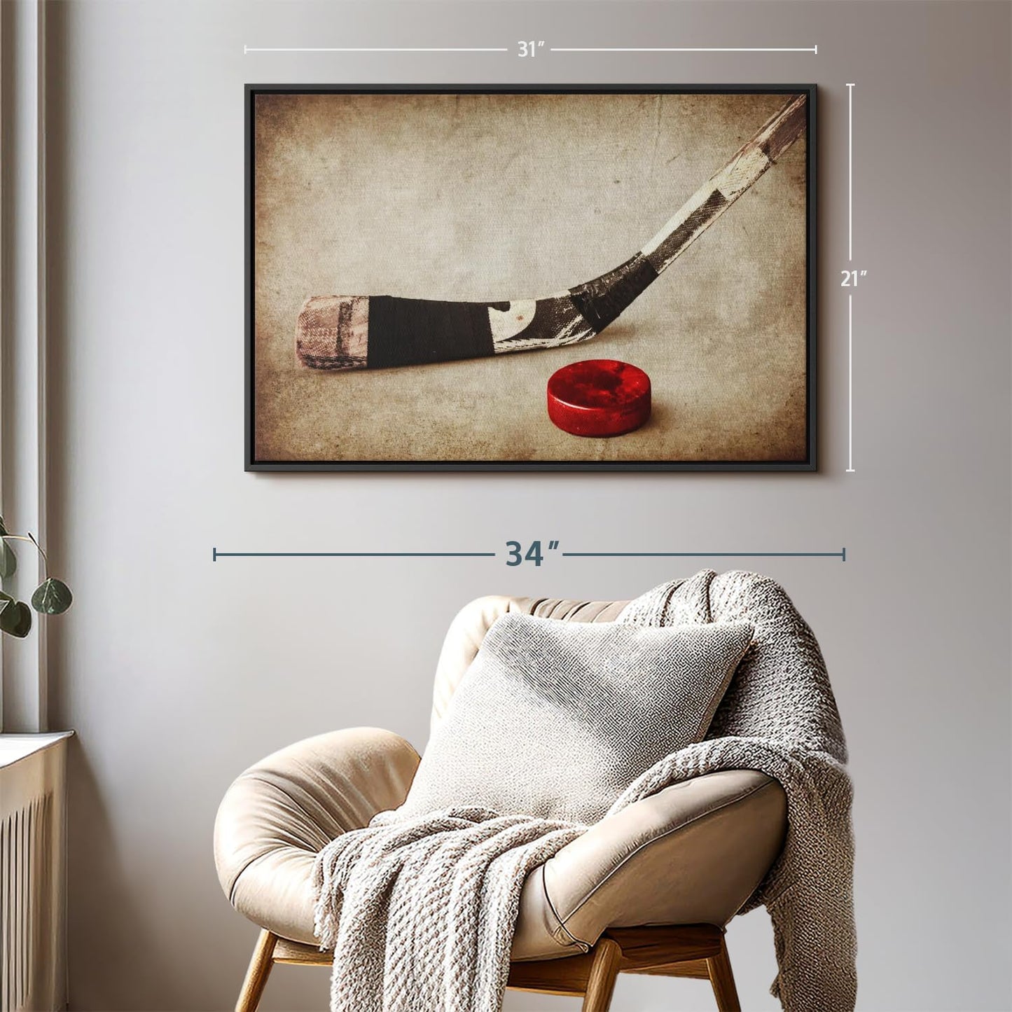 Elephant Stock Vintage Ice Hockey Wall Art - Horizontal Framed Canvas - 1-Piece Hallway Wall Decor - Photography Sports Canvas Print - Brown and Beige Decor for Wall - 31" X 21"