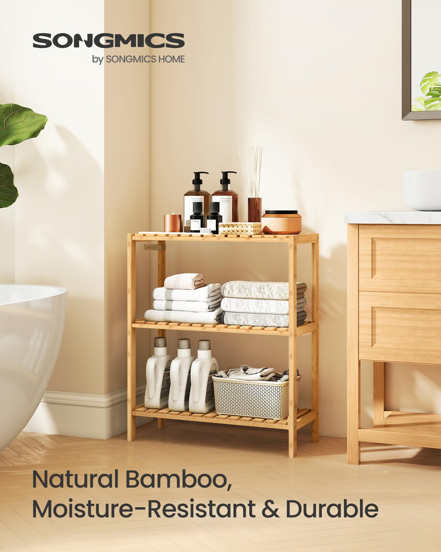 SONGMICS 3-Tier Bamboo Shelf, Freestanding Bathroom Storage Rack