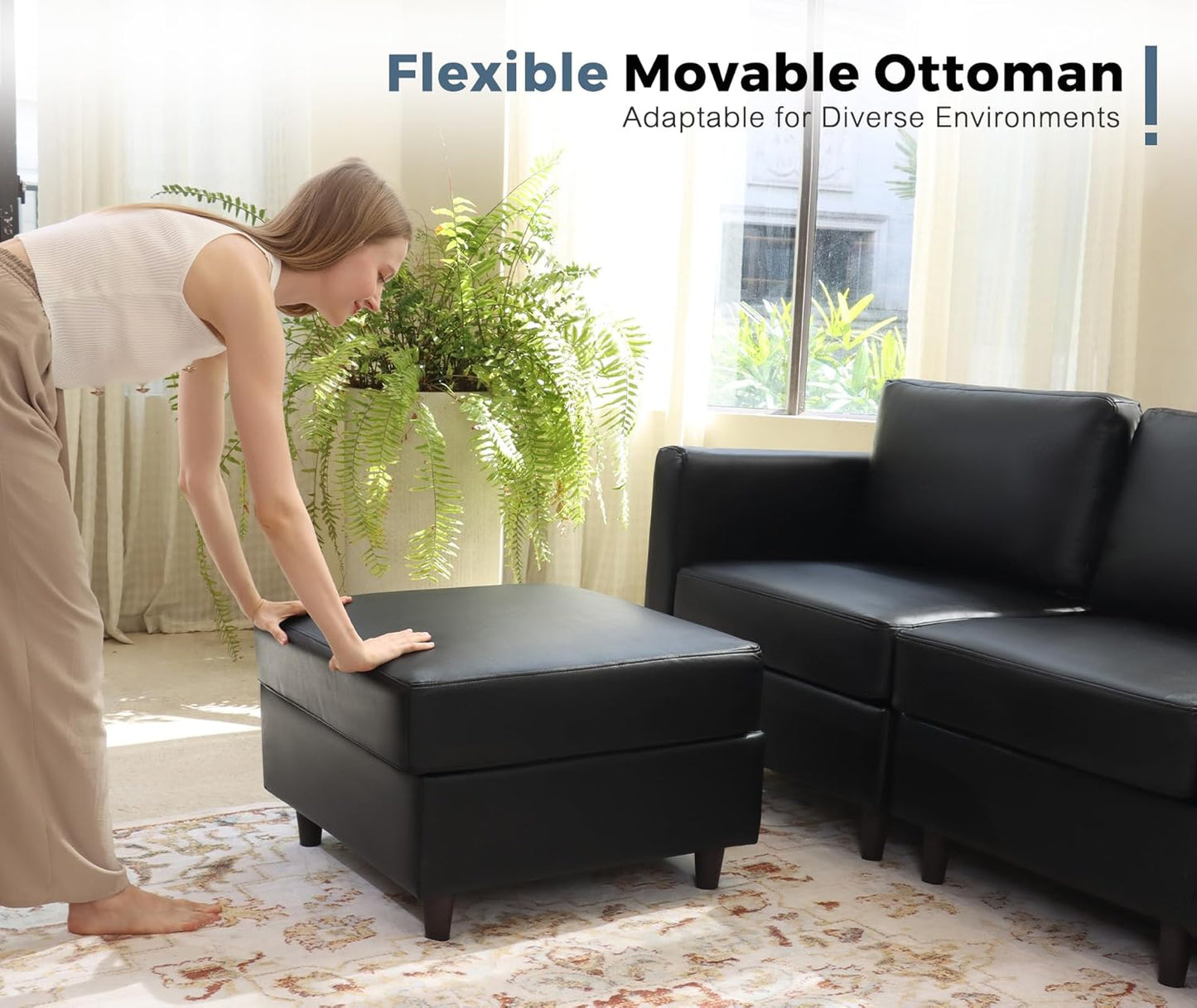 118.5" Faux Leather Modular Sectional Sofa, L Shaped Couch Set for Living Room, 6-Seater Comfy Cloud Couches with Movable Storage Ottoman Black