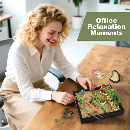 Dreamon Zen Sand Garden for Desk - Vegetable Gardening Themed Sand Tray Therapy Kit with 56 Accessories & Encouragement Cards - Meditation Room & Office Stress Relief Toy - Funny and Novelty Gift Idea