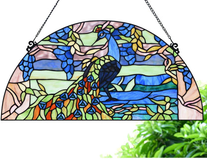 Bieye W10093 Peacock in Garden Tiffany Style Stained Glass Window Panel for Home Decor (Blue, 24Wx12H Half-Round)