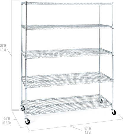 Seville Classics UltraDurable Heavy Duty NSF Solid Steel Wire Rack Storage Unit Wheels, 5-Tier Shelving, 60" W x 24" D