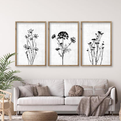 Flower Plant Wall Art Decor 16"x11" Set of 3 Black And White Botanical Painting Wood Framed For Minimalist Bedroom Office Rustic Living Room Abstract Wildflower Sign Hanging (Wood White)