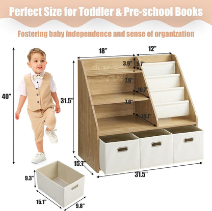 Kids Bookshelf and Toy Storage Organizer, Montessori Nursery Book Shelves with 3 Tier Sling Rack & Fabric Toy Bins, Children Toddler Baby Bookshelf, Wooden Toy Shelf for Kids Room Playroom
