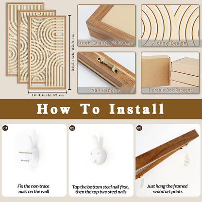 IARTTOP Large Boho Wood Wall Art Set of 3 Framed Wooden Mid-century Modern Wall Decor Minimalist Modern Abstract Geometric Decor for Living Room Bedroom Office-16x32 Inch