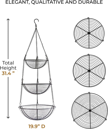 REGAL TRUNK & CO. 3 Tier Hanging Fruit Basket, Farmhouse Wire Basket, Three Tier Fruit Basket for Kitchen for Vegetables, Bread & More, Metal Chain, Hanging Hook and Detachable Round Wire Baskets