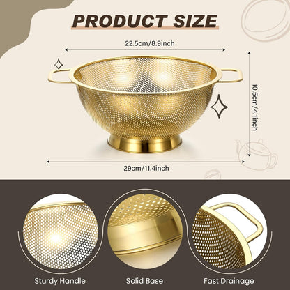 Norme 3 Quart Stainless Steel Gold Colander Gold Fine Mesh Strainer, Stainless Steel Pasta Rice Food Metal Strainer with Handles, Easy Clean and Dishwasher Safe