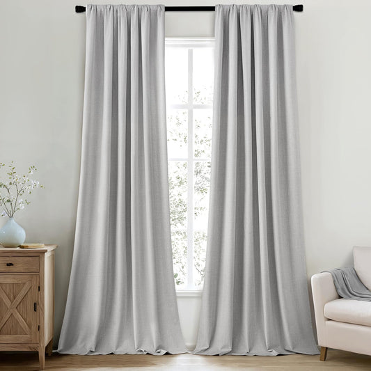 MIULEE 100% Blackout Curtains 102 Inch Long 2 Panels Set for Bedroom, Thick Faux Linen Black Out Curtain Room Darkening Back Tab Pleat Floor to Ceiling Window Drapes with Hooks for Living Room, Grey
