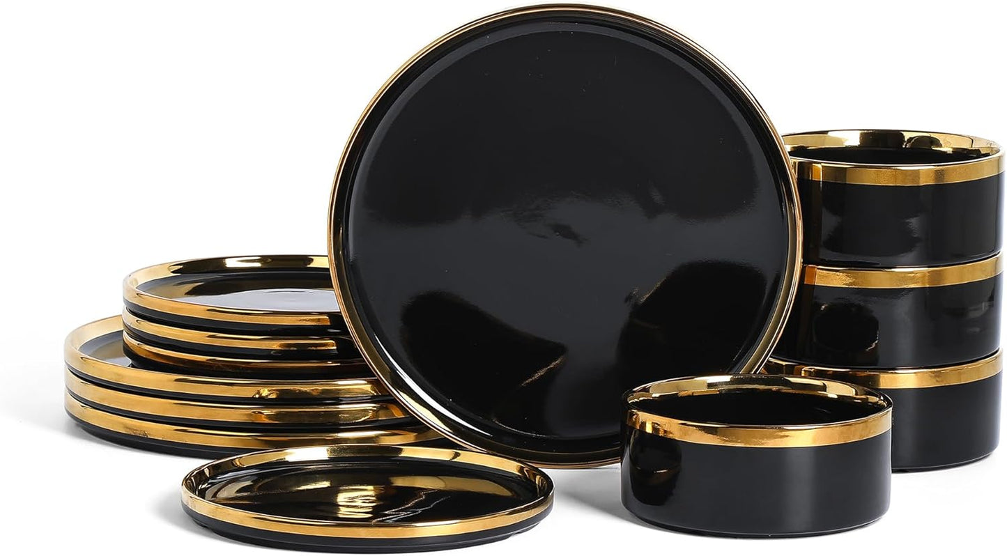 Christian Siriano Solene Stoneware Dinnerware, 12-Piece Plates and Bowls Set, Dish Set for 4, Black with Gold Rim, Glossy Finish, Hand Wash Only