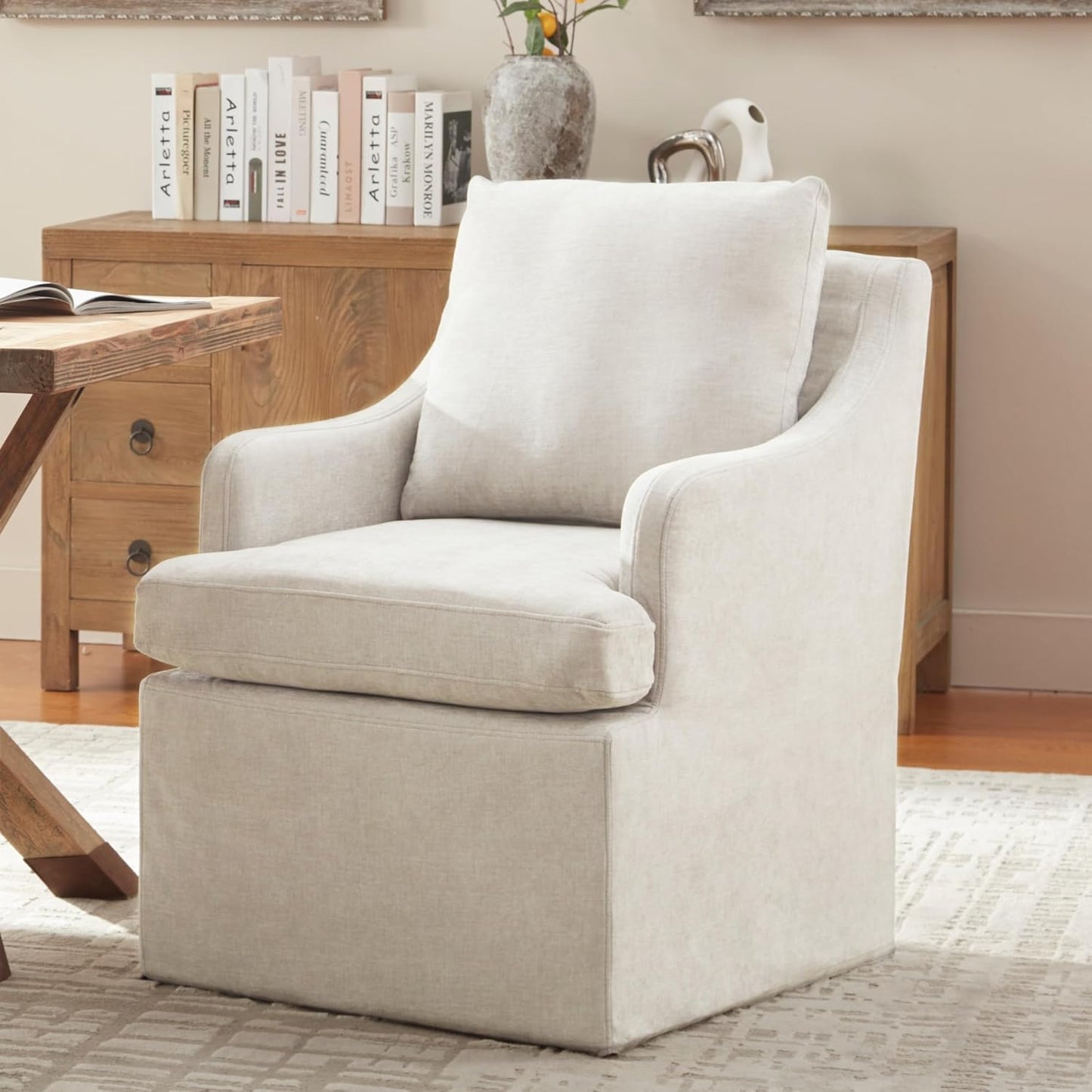 VKNOW Upholstered Dining Chairs Set of 2, Modern Kitchen Chairs Dinner Chairs with 4 Casters, Linen Armchair for Bedroom Reading Room Living Room, Beige