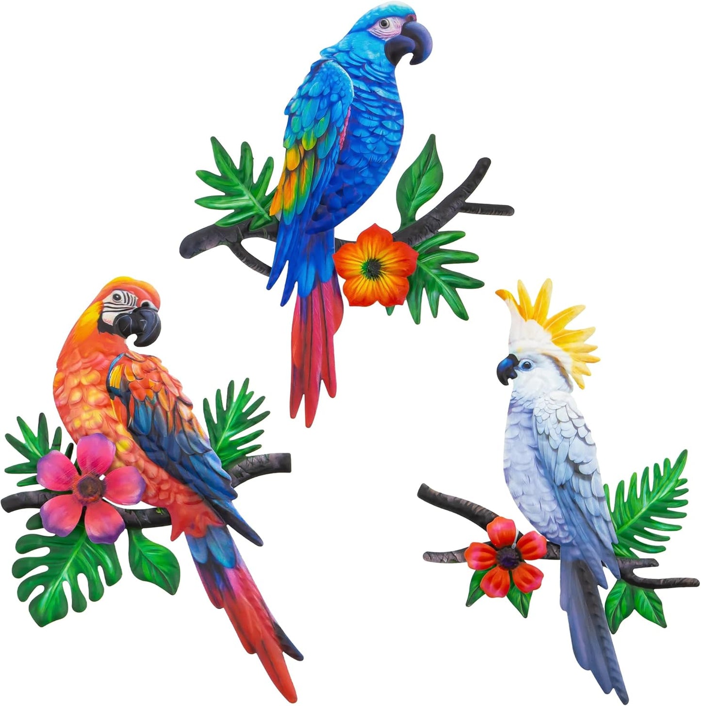Metal Parrots Wall Art Decor Outdoor Decorations for Yard, Outdoor Garden Decor, Patio Decorations Garden Metal Bird Wall Decor-12 Inches Parrot Large Hanging Wall Decor 3 Pack