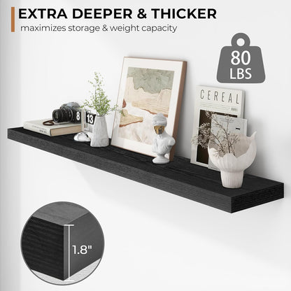 Fun Memories 55 Inch Floating Shelves - 9 Inch Deep Rustic Wooden Wall Shelves - Extra Deeper & Thicker Wall Mounted Storage Shelf for Living Room Kitchen Farmhouse - Rustic Black