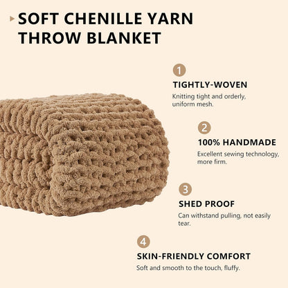 L'AGRATY Chunky Knit Blanket Throw: 80''x90'' Chenille Chunky Knitted Throw Blankets for Bed Couch - Handmade Thick Big Cable Knit Blanket - Large Crochet Rope Blankets for Home Decor(Tan)