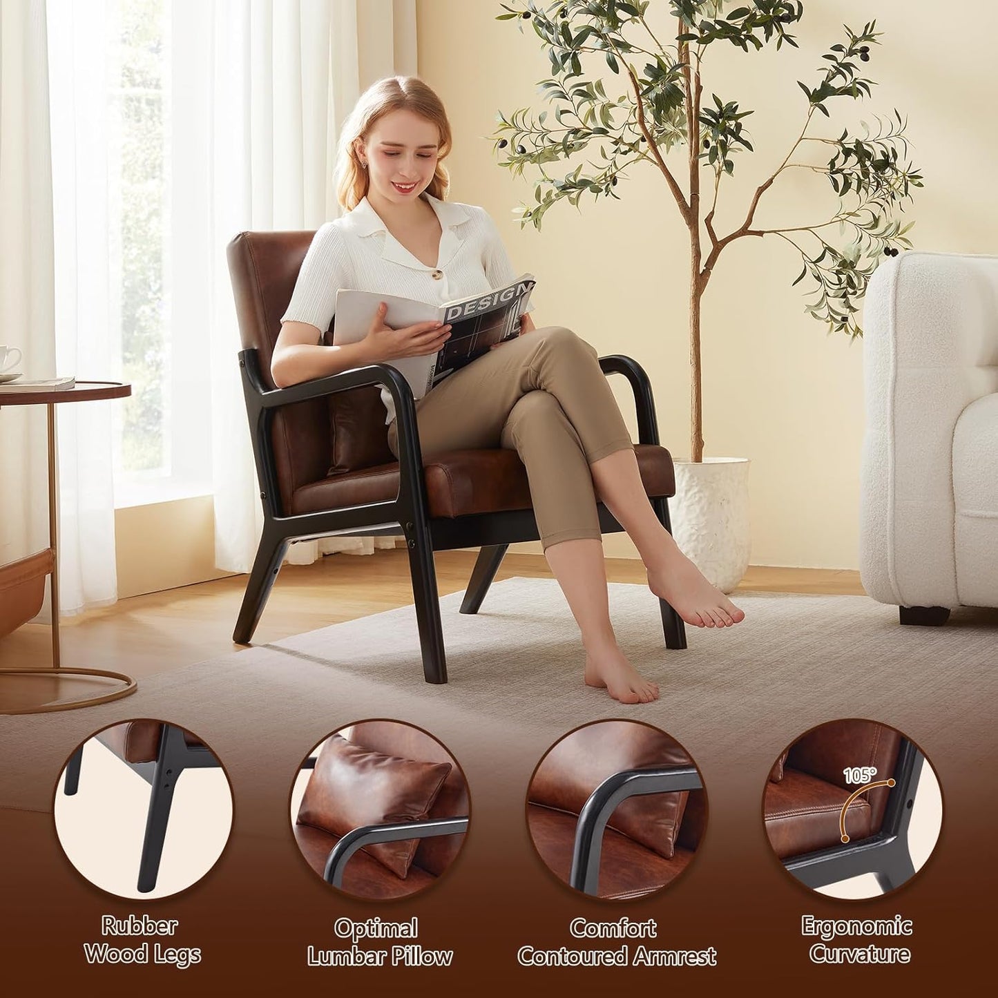 Accent Chair Mid Century Modern Armchair with Lumbar Support Pillow Wood Legs PU Leather Upholstered Lounge Chairs Comfy High Back Cushion for Living Room Bedroom