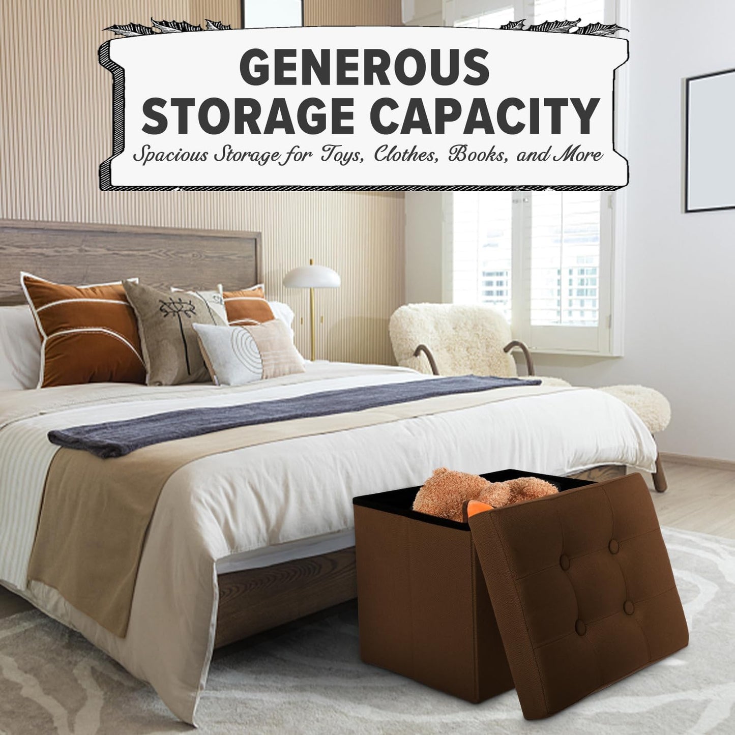 LINMAGCO Storage Ottoman Folding Foot Stool Foot Rest with Side Pocket Modern Ottoman with Storage Short Sofa Stool Linen Cloth 17x13x13(Brown)