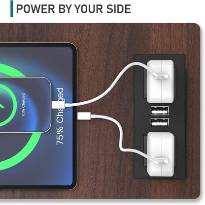 Farmhouse End Table, 24" Large Sofa Side Table with Charging Station, Mesh Barn Door, Rustic Wood Nightstand with Adjustable Storage Shelf, Square Nightstand for Living Room