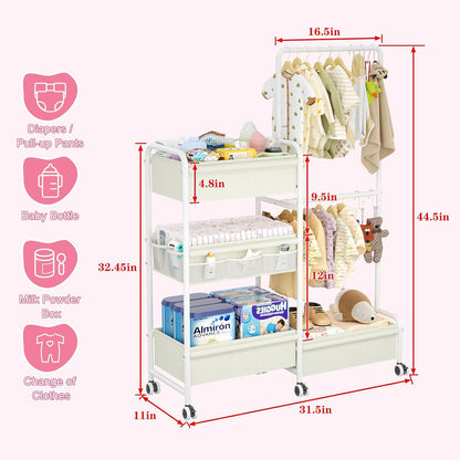 2in1 Baby Diaper Caddy & Clothes Organizer and Storage Rolling Cart, Large Capacity Nursery Organization For Baby Dresser,Changing Table, Crib, With 2 Dividers & 7 Pockets,White