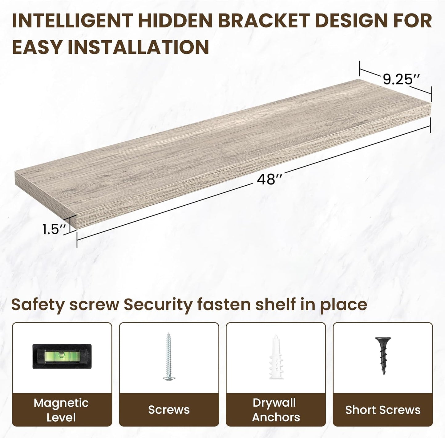 48 Inch Floating Shelves, 3D Textured Wood Grain, 48"x9.25"x1.5" Inch Deep Floating Shelves for Wall, Wooden Shelves for Bathroom, Bedroom, Living Room, Vintage Gray Oak