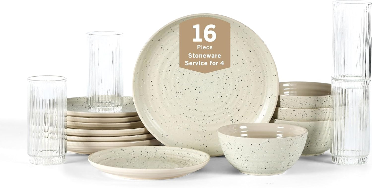 Stone Lain Dua 16-Piece Dinnerware Set Stoneware, Borosilicate Glass, White