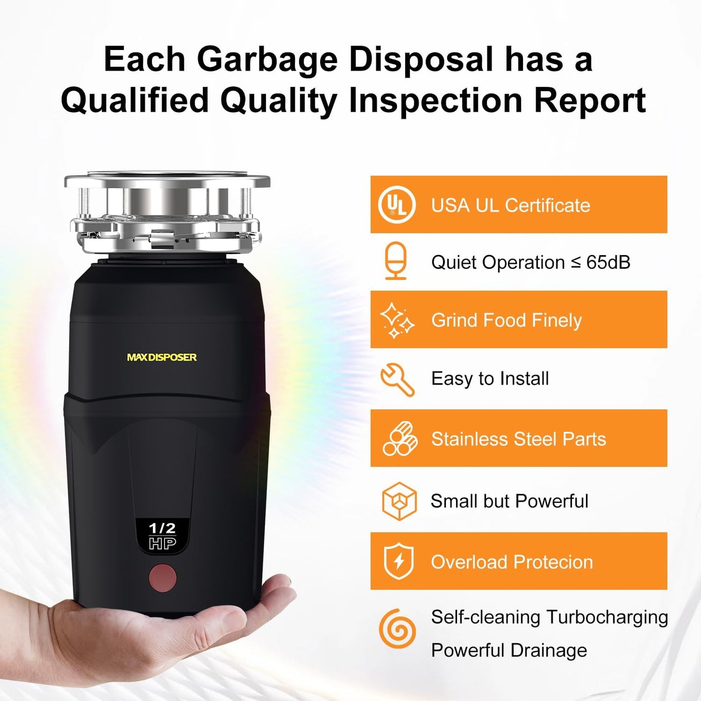 A400 Garbage Disposal 1/2 HP for Kitchen Sink, Small Fit Food Waste Disposer Fast Continuous Feed Stainless Steel Grinding, Quietness, Ease of Installation, Corded, Powerful Drainage Half Horsepower