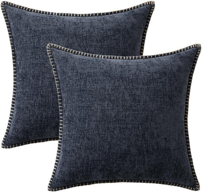 MIULEE Pack of 2 Couch Throw Pillow Covers 16x16 Inch Dark Blue Farmhouse Decorative Pillow Covers with Stitched Edge Soft Chenille Solid Dyed Spring Pillow Covers for Sofa Bed Living Room