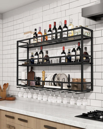 59" Large Wine Rack Wall Mounted with Bottle Glass Holder, 3-Tiers Metal Liquor Floating Shelves with LED Light, Wall Bar Shelf for Home, Restaurant, Commercial Bar, Kitchen Storage Display