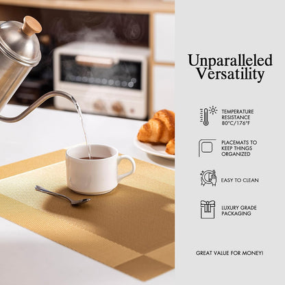 Placemats Set of 4 - Easy Clean Woven Vinyl Placemats for Dining Table, Indoor/Outdoor Place Mats, Washable PVC Table Mats（Gold Cube）