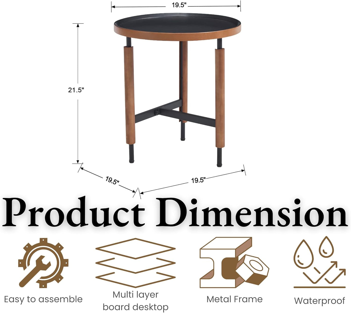 EALSON 19.5" Round Side Table Mid Cnetury Modern End Table for Couch Sofa with Black Metal Legs/Wood Top Vintage Accent Nightstand for Living Room Bedroom Small Spaces Office, Walnut