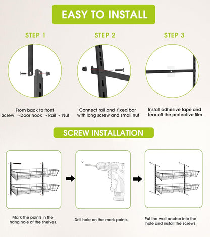 Over The Door Pantry Organizer, Wall Mount Spice Rack, Pantry Hanging Storage and Organization, 8 Adjustable Baskets Heavy-Duty Metal for Home & Kitchen, Back of Door Seasoning Rack - White