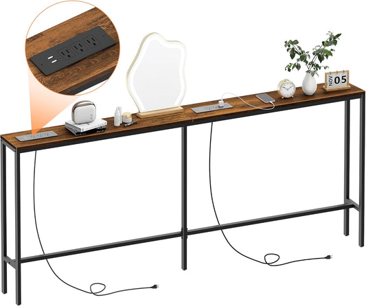 Narrow Sofa Table with 2 Power Outlets, 71” Thin Console Tables Narrow Long, Behind Couch Table
