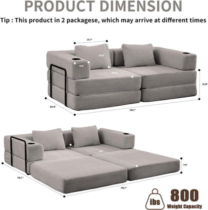 78" W Loveseat Sofa, 4 in 1 Convertible Floor Sofa Bed, Boneless Cloud Couch with Cup Holder, Fold Out Floor Couch, Loveseat Recliner Sleeper for Living Room Bedroom Lounge(Corduroy, White)