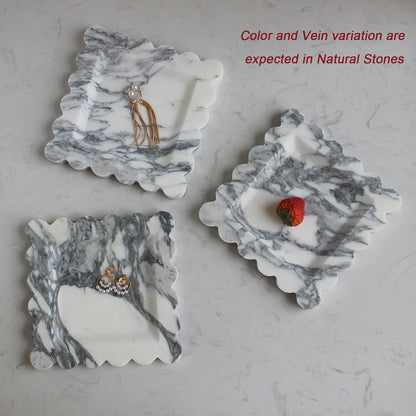Natural Luxury Marble Tray with Scalloped Edge, Handmade Square Decorative Tray, Catch All Tray for Counter, Dresser, Nightstand and Home Décor (Arabescato Calacatta)