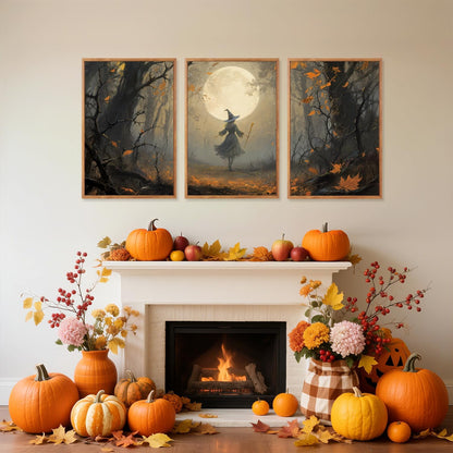 Aurlan Moonlight Witch in The Maple Forest Framed Wall Art(16"x24"), 3PCS Vintage Magical Witchy Gothic Halloween Canvas Artwork, Dark Academia Mystical Midnight Landscape Decor for Home Office Bedroom