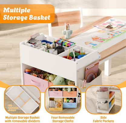 Kids Art Table and Chair - Toddler Craft Table and Chairs Set with 2 Chair & Bins, Large Storage Kids Activity Desk with Paper Roll for Playrooms & Classroom, 40" L x 20" W, Natural