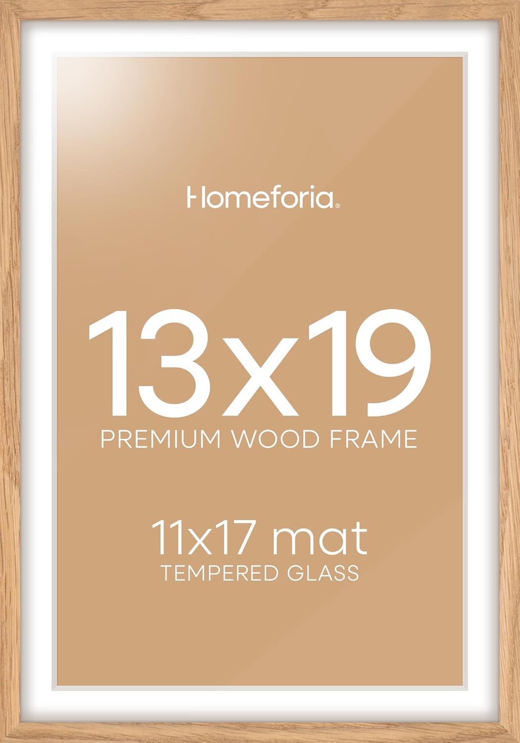 Homeforia 13x19 Picture Frame Wood, High End Natural Oak 13x19 Light Wooden Poster Frame with Mat 11x17, 13 x 19 Frames Matted to 11 x 17 Photo, 19x13 Hanging Frame, Tempered Glass, Wall Kit, Set of 1
