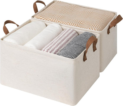 StorageWorks Storage Bins, Shelves Baskets for Organizing, Large Fabric Closet Organizers with Handles, Metal Frame, Beige（Cotton-linen）, 2-Pack