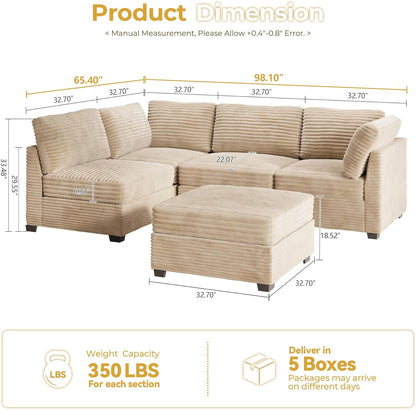 HOOOWOOO Modular Sectional Sofa,5 Pieces Sectional Couches for Living Room,98X55 L Shaped Cloud Couch with Ottoman Chaise Set(Beige Velvet Corduroy)
