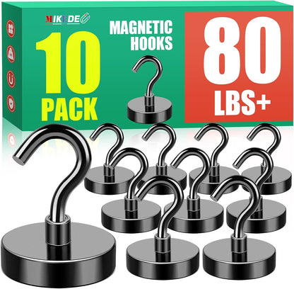 MIKEDE Black Magnetic Hooks, 80Lbs Heavy Duty Earth Magnets with Hooks for Cruise Cabin, Strong Magnet Hooks for Hanging, Super Metal Magnetic Hanger for Grill, Fridge, Kitchen - Pack of 10